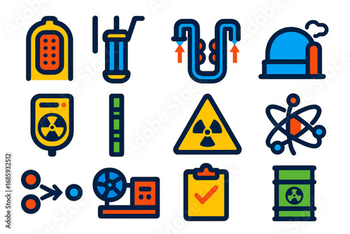 Nuclear Engineering Icons. Flat vector icons of nuclear engineering: reactor core, control rod, coolant system, containment dome,