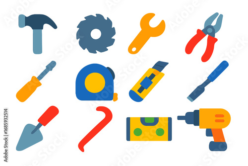 Flat Construction Icons. Flat vector icons of construction tools: hammer icon, saw blade, wrench tool, pliers icon, screwdriver,