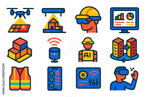 Smart Construction Icons. Flat vector icons of smart construction: drone mapping, 3D scan icon, AR helmet, project dashboard, BIM