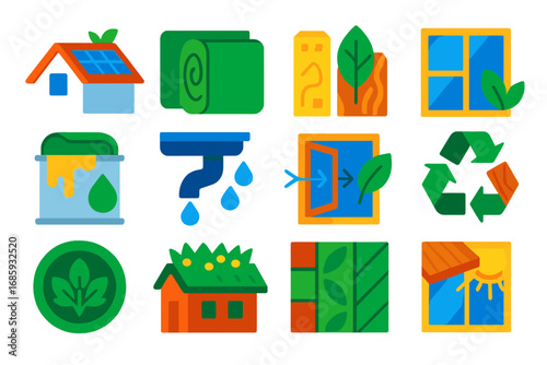 Green Construction Icons. Flat vector icons of green construction: solar panel roof, green insulation, sustainable materials,