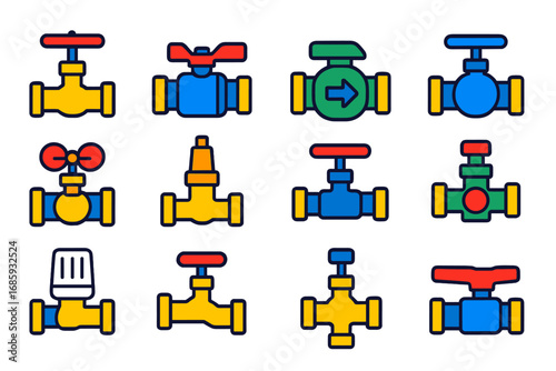 Colorful Plumbing Valves Icons. Flat vector icons of plumbing valves: gate valve, ball valve, check valve, globe valve, butterfly
