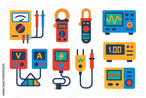 Colorful Electrical Icons. Flat vector icons of electrical measuring devices: analog multimeter, digital multimeter, clamp meter,