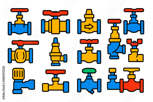 Colorful Plumbing Valves Icons. Flat vector icons of plumbing valves: gate valve, ball valve, check valve, globe valve, butterfly