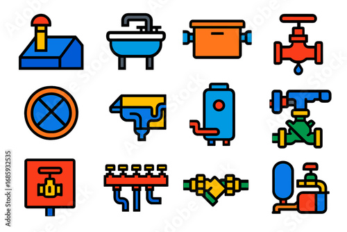 Commercial Plumbing Icons. Flat vector icons of commercial plumbing: rooftop venting, industrial sink, grease trap, fire sprinkler