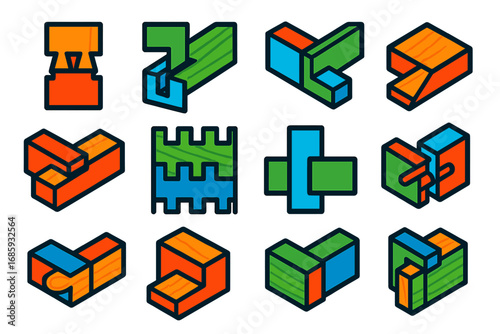 Colorful Woodwork Joints Icons. Flat vector icons of woodworking joints: dovetail joint, mortise and tenon, lap joint, miter joint