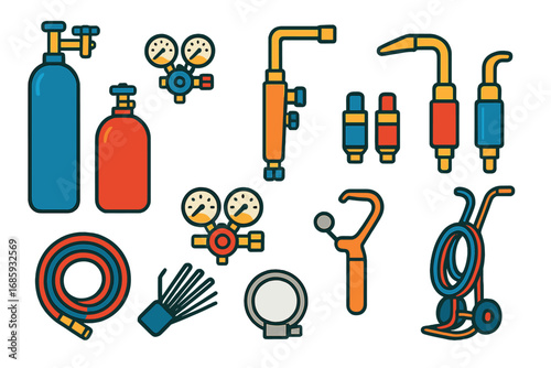 Gas Welding Icons. Flat vector icons of gas welding setup: oxygen cylinder, acetylene cylinder, torch handle, cutting tip, welding