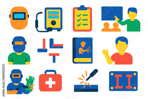 Beginner Welding Icons. Flat vector icons of beginner welding training: training helmet, welding simulator, safety checklist,