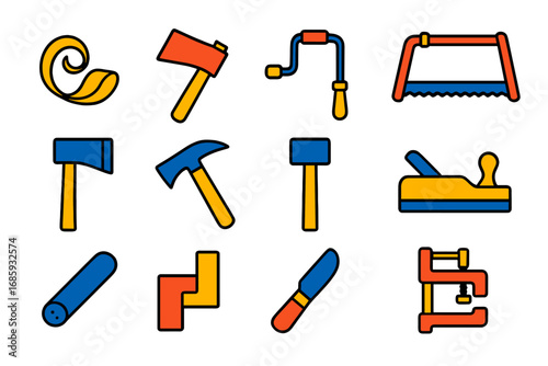 Bold Carpentry Icons. Flat vector icons of traditional carpentry: wood shaving, timber axe, hand brace, bow saw, froe tool, adze