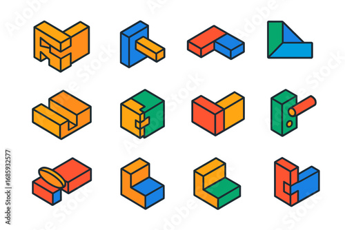 Colorful Woodwork Joints Icons. Flat vector icons of woodworking joints: dovetail joint, mortise and tenon, lap joint, miter joint