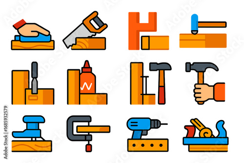 Carpentry Technique Icons. Flat vector icons of carpentry techniques: sanding wood, cutting with saw, joint fitting, dowel