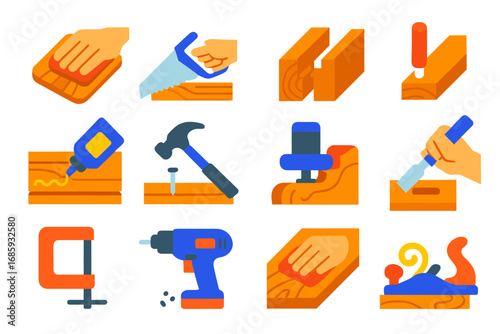 Carpentry Technique Icons. Flat vector icons of carpentry techniques: sanding wood, cutting with saw, joint fitting, dowel