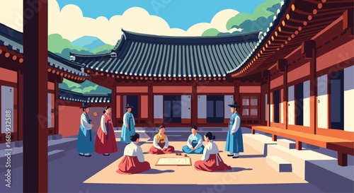 Playing 'Yut Nori' in a Traditional Hanok Courtyard