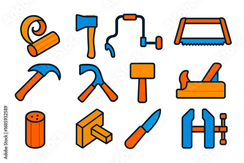 Bold Carpentry Icons. Flat vector icons of traditional carpentry: wood shaving, timber axe, hand brace, bow saw, froe tool, adze