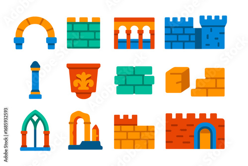 Bold Historical Icons. Flat vector icons of historical masonry: stone arch, medieval wall, Roman aqueduct, castle wall, carved