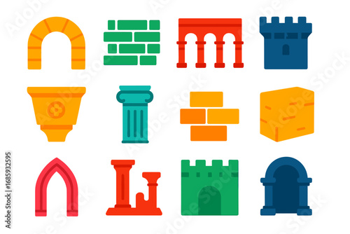 Bold Historical Icons. Flat vector icons of historical masonry: stone arch, medieval wall, Roman aqueduct, castle wall, carved