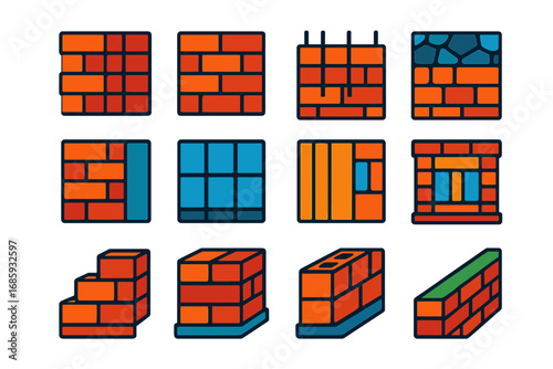 Colorful Wall Icons. Flat vector icons of masonry wall types: cavity wall, solid wall, reinforced wall, stone-clad wall, insulated