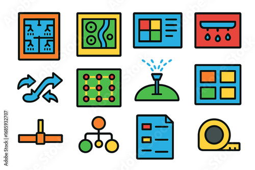 Irrigation Planning Icons. Flat vector icons of irrigation layout planning: irrigation blueprint, garden layout map, zone control