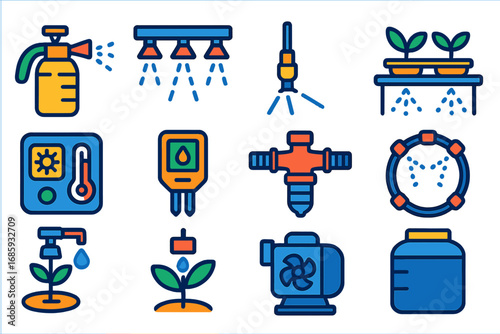 Greenhouse Irrigation Icons. Flat vector icons of irrigation in greenhouses: mist sprayer, ceiling irrigation pipe, hanging nozzle