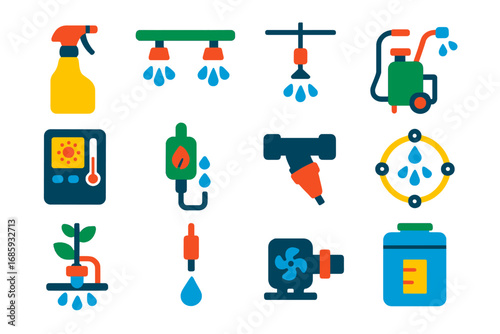 Greenhouse Irrigation Icons. Flat vector icons of irrigation in greenhouses: mist sprayer, ceiling irrigation pipe, hanging nozzle