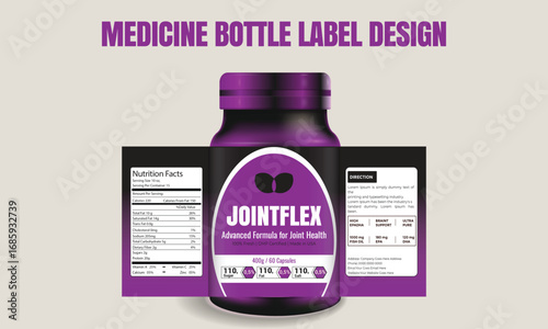 Supplement or medicine bottle label design , showing nutrition facts, dosage directions, and branding for healthcare packaging.