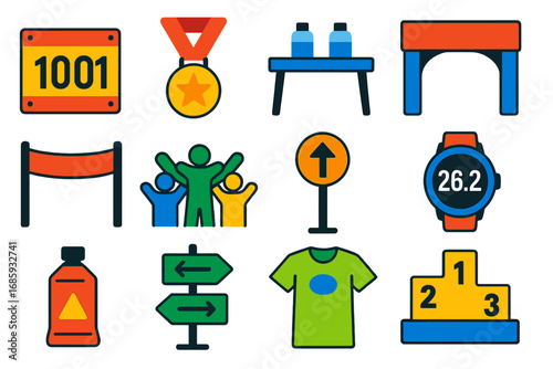 Marathon Icon Set. Flat vector icons of marathon day: bib number, race medal, hydration station, start line arch, finish line tape