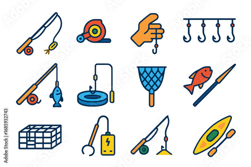Modern Fishing Icons. Flat vector icons of fishing methods: fly fishing rod, baitcasting reel, handline fishing, longline setup,