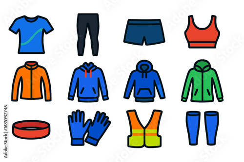 Vibrant Running Gear. Flat vector icons of running clothes: moisture-wicking shirt, compression tights, running shorts, sports bra