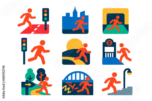 Urban Running Icons. Flat vector icons of urban running: sidewalk route, city skyline, underpass run, traffic light cross, early