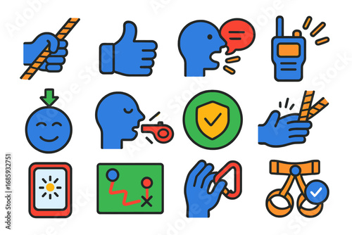 Climbing Communication Icons. Flat vector icons of climbing communication: rope tug signal, hand gesture, yell bubble, radio