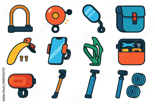 Cycling Gear Icons. Flat vector icons of cycling accessories: bike lock, bike bell, rearview mirror, pannier bag, mudguard,