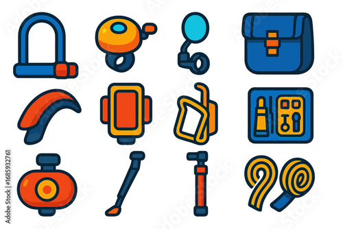 Cycling Gear Icons. Flat vector icons of cycling accessories: bike lock, bike bell, rearview mirror, pannier bag, mudguard,