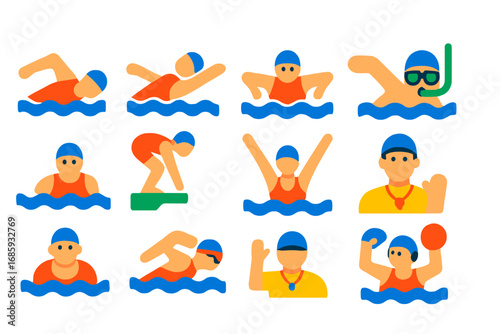 Swimming Icon Set. Flat vector icons of swimmers: freestyle swimmer, backstroke swimmer, breaststroke swimmer, butterfly stroke