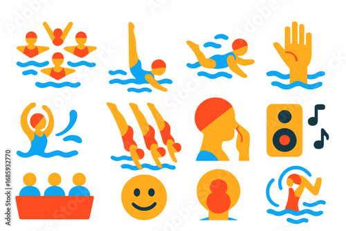 Synchronized Swimming Icons. Flat vector icons of synchronized swimming: swim team in formation, leg lift, underwater movement,