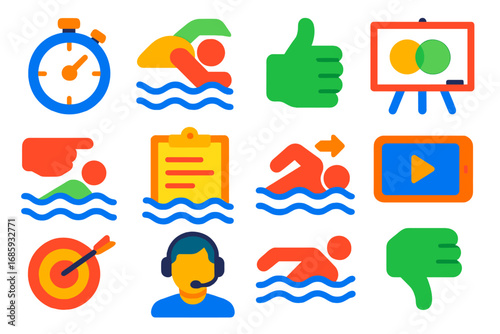 Swim Coaching Icons. Flat vector icons of swim coaching: stopwatch, stroke analysis, feedback hand, whiteboard, drill cue, pace