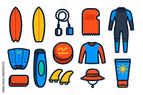 Surf Gear Icons. Flat vector icons of surfing gear: shortboard, longboard, surf leash, wax comb, traction pad, wetsuit, board wax,