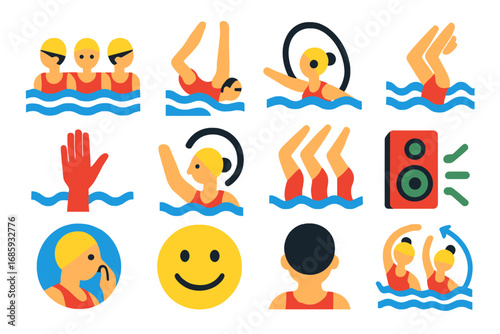 Synchronized Swimming Icons. Flat vector icons of synchronized swimming: swim team in formation, leg lift, underwater movement,