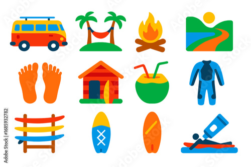 Surf Lifestyle Icons. Flat vector icons of surfing lifestyle: beach camper van, hammock, surf campfire, coastal trail, barefoot