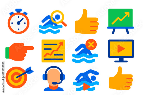 Swim Coaching Icons. Flat vector icons of swim coaching: stopwatch, stroke analysis, feedback hand, whiteboard, drill cue, pace