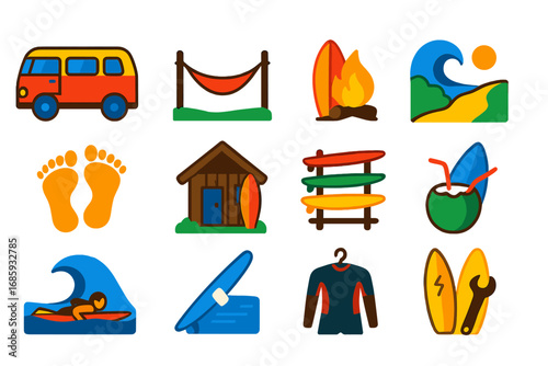 Surf Lifestyle Icons. Flat vector icons of surfing lifestyle: beach camper van, hammock, surf campfire, coastal trail, barefoot