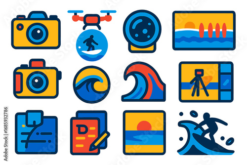 Surf Photography Icons. Flat vector icons of surf photography: waterproof camera, drone shot, underwater lens, surf line-up photo,