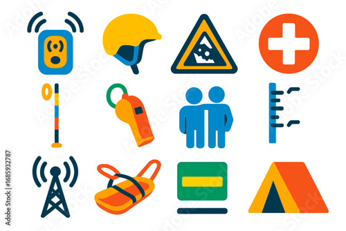 Ski Safety Icons. Flat vector icons of skiing safety: avalanche beacon, helmet icon, trail warning sign, ski patrol cross, snow