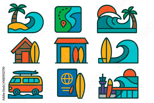 Surf Destination Icons. Flat vector icons of surf destinations: tropical island wave, reef break map, famous point break, surf