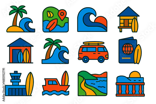 Surf Destination Icons. Flat vector icons of surf destinations: tropical island wave, reef break map, famous point break, surf