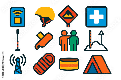 Ski Safety Icons. Flat vector icons of skiing safety: avalanche beacon, helmet icon, trail warning sign, ski patrol cross, snow