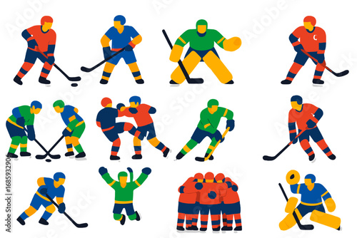 Hockey Icons Collection. Flat vector icons of hockey players: forward, defenseman, goalie, team captain, faceoff stance, checking