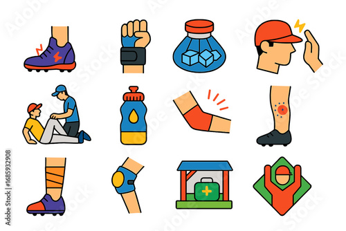 Baseball Injury Icons. Flat vector icons of baseball injuries and safety: ankle sprain, wrist brace, ice pack, concussion check,