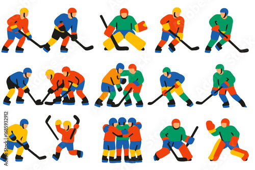Hockey Icons Collection. Flat vector icons of hockey players: forward, defenseman, goalie, team captain, faceoff stance, checking