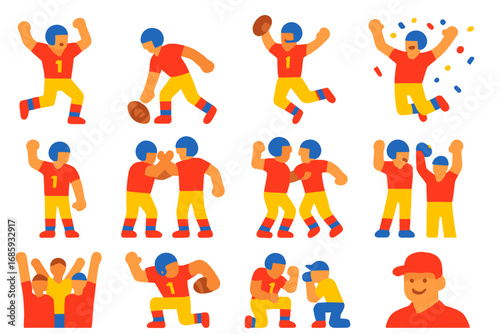 Football Celebration Icons. Flat vector icons of football celebrations: touchdown dance, end zone spike, team huddle, victory jump