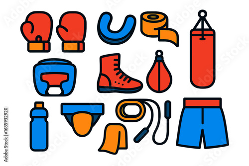 Boxing Gear Icons. Flat vector icons of boxing gear: boxing gloves, mouthguard, hand wraps, headgear, boxing shoes, punching bag,
