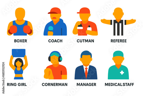 Boxing Role Icons. Flat vector icons of boxing roles and team: boxer icon, coach icon, cutman, referee, ring announcer, judge,